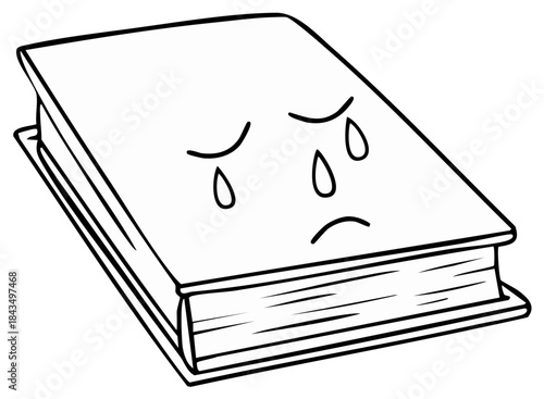 Sad cartoon book with crying face and tears illustrated in black and white