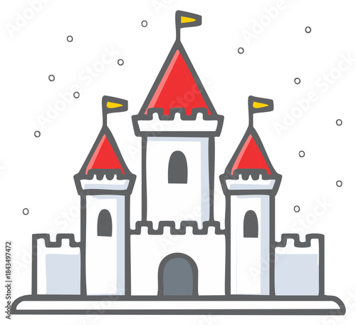 Hand drawn cartoon illustration of a white fairytale castle with red roofs under falling snow