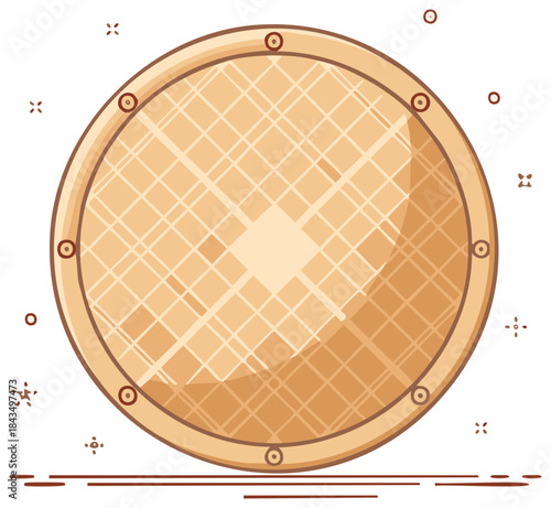Round flat object with grid pattern and a circle border containing rivet like objects, on a white background
