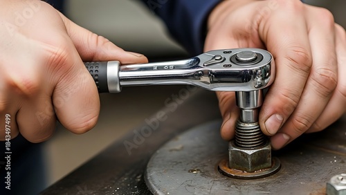 Closeup of hands using socket wrench on nut for mechanical assembly