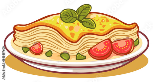 Lasagna Illustration with Tomatoes and Basil Served on a Plate, Italian Cuisine, Traditional Dish, Pasta Meal