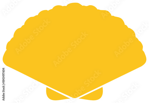 Stylized yellow scallop seashell silhouette with scalloped edges and a V-shaped detail at the base