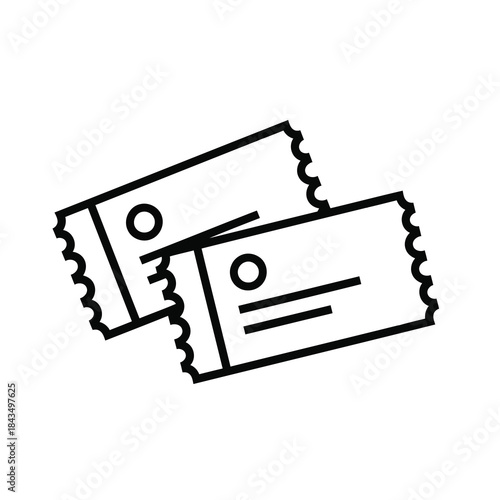 A simple black and white line art icon depicting two tickets with perforated edges, overlapping each other.