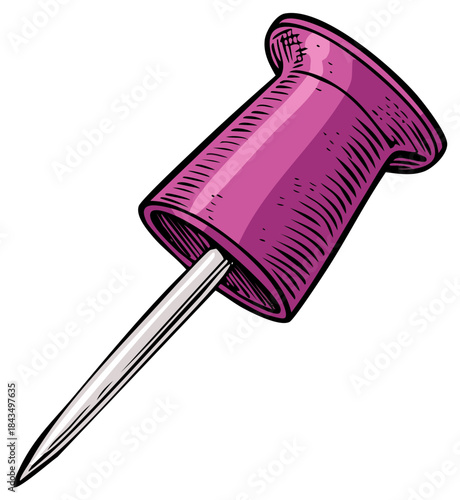 Close up of a pink push pin. Isolated sketch illustration of a drawing pin.