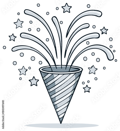Hand drawn party popper bursting stars and confetti festive celebration doodle
