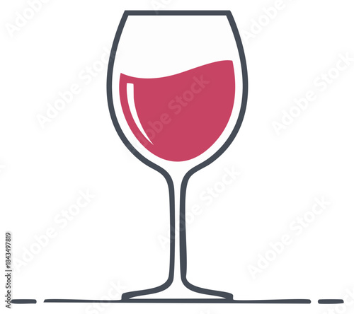Simple illustration of a wine glass filled with deep red wine with a line art base