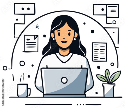 Cheerful woman working on laptop at home surrounded by work reminders and coffee, creating an artistic illustrative doodle of a digital workspace