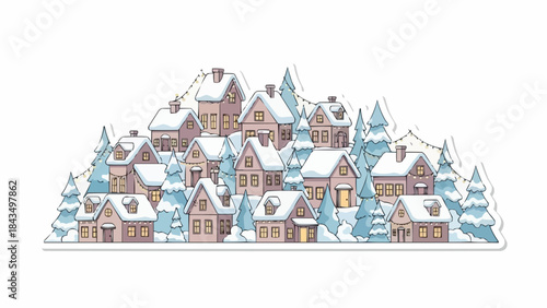 Snowy village nestled among pine trees with warmly lit homes