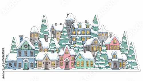 Whimsical snow-covered village with colorful houses and pine trees