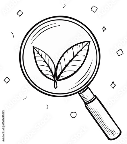 Magnifying glass examining green leaves signifying research and growth exploration