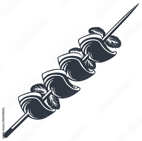 Appetizing grilled pork belly and fresh parsley on a skewer black and white food graphic design