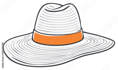 Stylish white wide brimmed summer hat with an orange band vector illustration