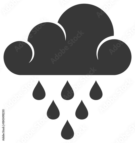 Minimalist dark gray cloud icon with falling raindrops, representing wet weather and precipitation