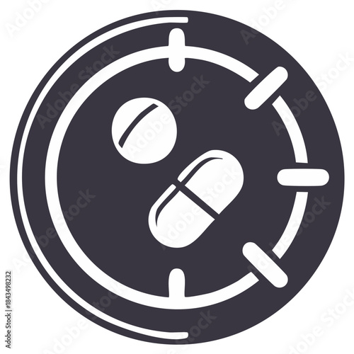 Medication timing icon showing a pill and tablet with a clock for health management