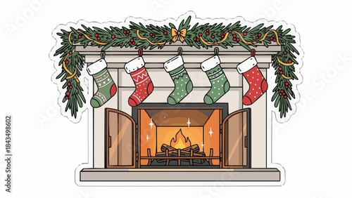 Cozy Christmas fireplace with stockings and festive garland