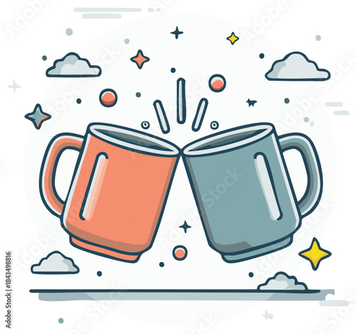 Two stylized mugs clinking together with stars and clouds in a flat design style