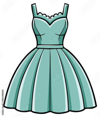 Retro teal party dress with flared skirt and scalloped neckline