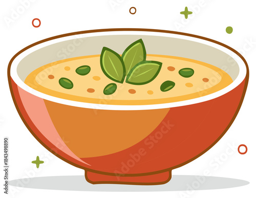 Delicious bowl of vegetable soup with fresh basil leaves