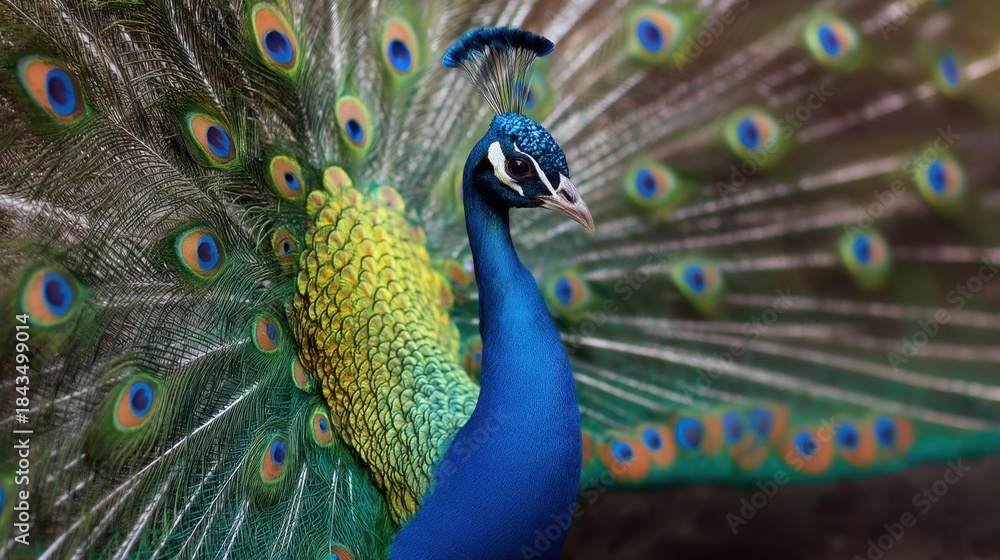 Fototapeta premium A blue and yellow peacock with its head held high. The peacock is the main focus of the image, and its vibrant colors make it stand out. Concept of beauty and majesty