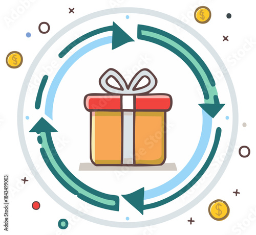 Gift box with circular arrows and coins representing rewards or loyalty programs