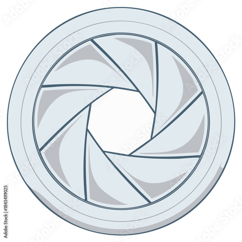 Camera lens aperture illustration with multiple blades forming a circular iris diaphragm creating round opening for light