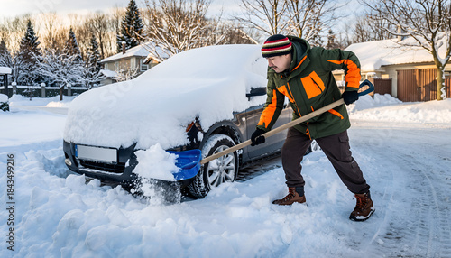 Man digging out car from heavy snow after winter storm.