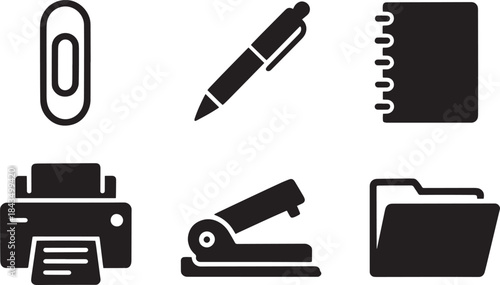 Set of office supply icons including paperclip, pen, notebook, printer, stapler, and folder