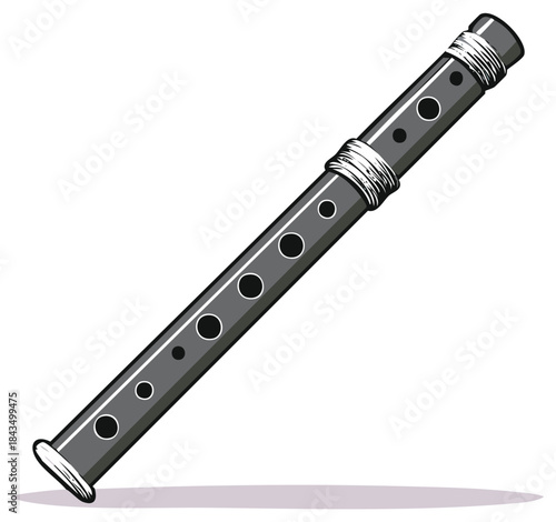 Cartoon illustration of a dark gray flute or recorder with multiple finger holes