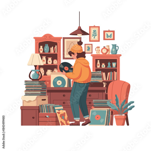 Person listening to vintage vinyl records in cozy room full of albums