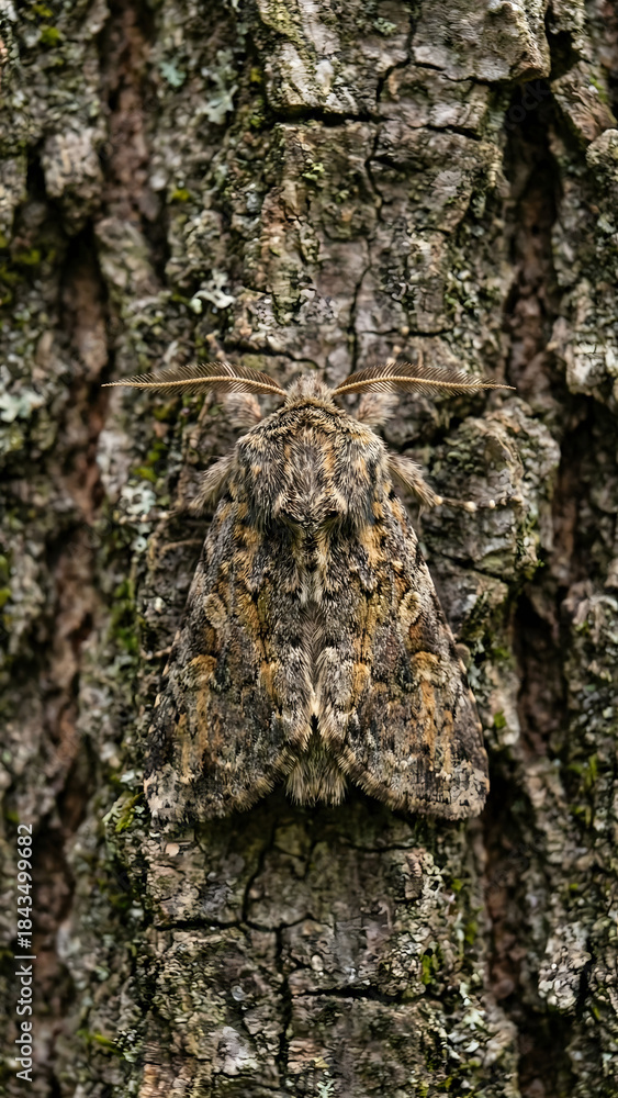 Fototapeta premium Detailed macro photograph of a fuzzy, textured moth resting flat against the dark, textured bark of a large forest tree