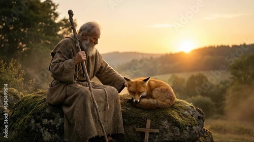 A Hermits Companionship: Fox and Monk at Sunset