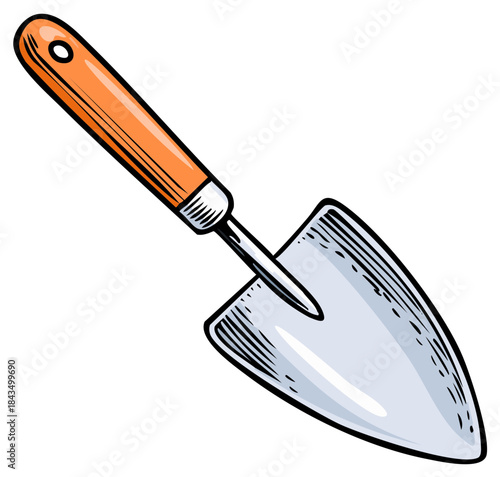 Cartoon Illustration of a Garden Hand Trowel with an Orange Handle