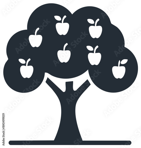 Apple Tree Silhouette Vector, Dark Color, Fruit Bearing Tree Graphic Illustration