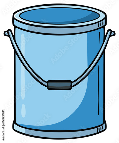 Blue bucket with a metal handle in a simple cartoon drawing style illustration
