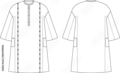 Loose Fit Dropped Shoulder Kurta with Pockets, Shaped Band & Placket flat sketch technical drawing front and back view