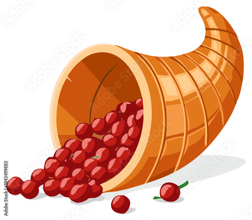 Cartoon cornucopia overflowing with red berries, a symbol of abundance and harvest