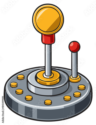 Retro video game controller with prominent yellow joystick and an array of control buttons for arcade fun