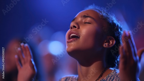Closeup of a young choir member, eyes closed and hands raised in worship, singing with pure and raw emotion that captivates the hearts of the congregation.