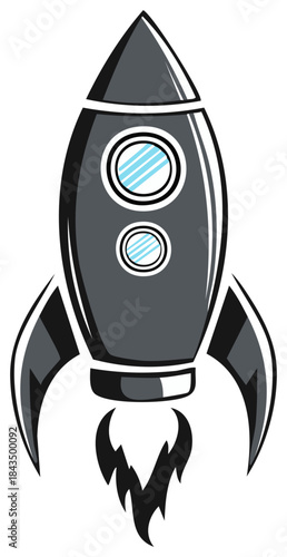 Cartoon Rocket Ship Launching with Flames Detailed Vector Illustration