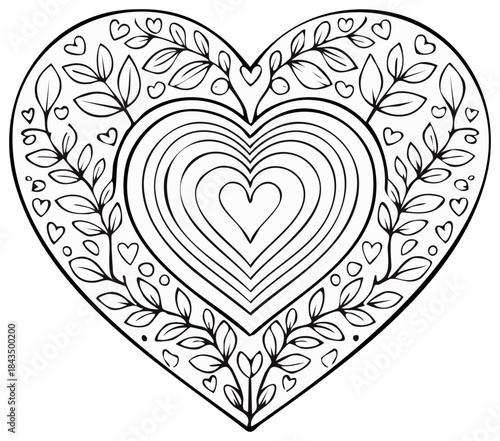Heart coloring page with floral leaf border and nested hearts romantic line art illustration