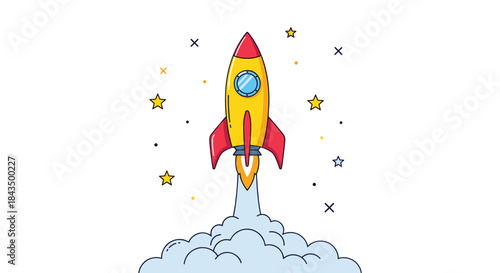 An exciting cartoon rocket takes off with a trail of smoke and surrounded by stars, representing startup growth and innovation.