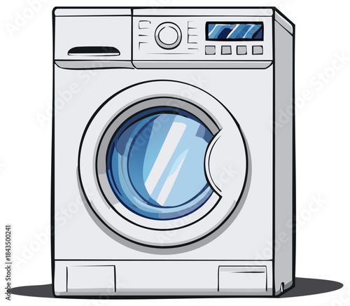 Front view illustration of a modern white clothes washing machine with a clear blue glass door and digital display
