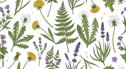 A beautifully illustrated seamless pattern of various wild plants including dandelions, ferns, and lavender on a clean white background.
