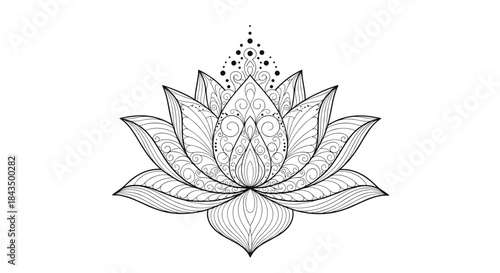 Elegant black and white line art drawing of an ornamental lotus flower, symbolizing spirituality, peace, and enlightenment.