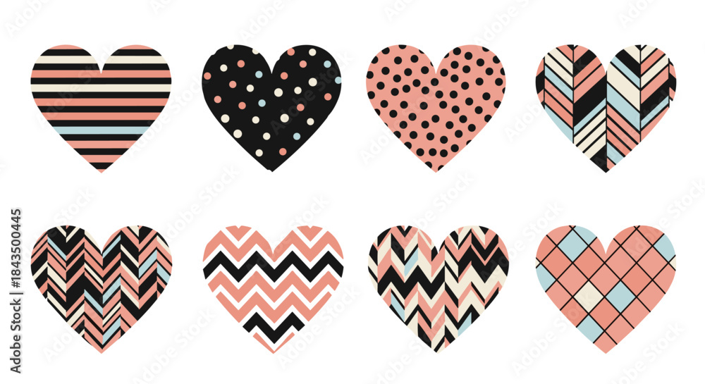 Obraz premium Eight decorative hearts displaying trendy patterns in a chic palette of black, white, pastel pink, and blue, perfect for modern design.