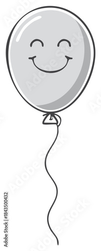 Smiling cartoon balloon floating upwards showing positivity and happiness in grayscale illustration.