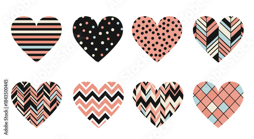 Eight decorative hearts displaying trendy patterns in a chic palette of black, white, pastel pink, and blue, perfect for modern design.