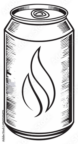 Illustrated Can Drink Container with Flame Design, Black and White Artistic Rendering