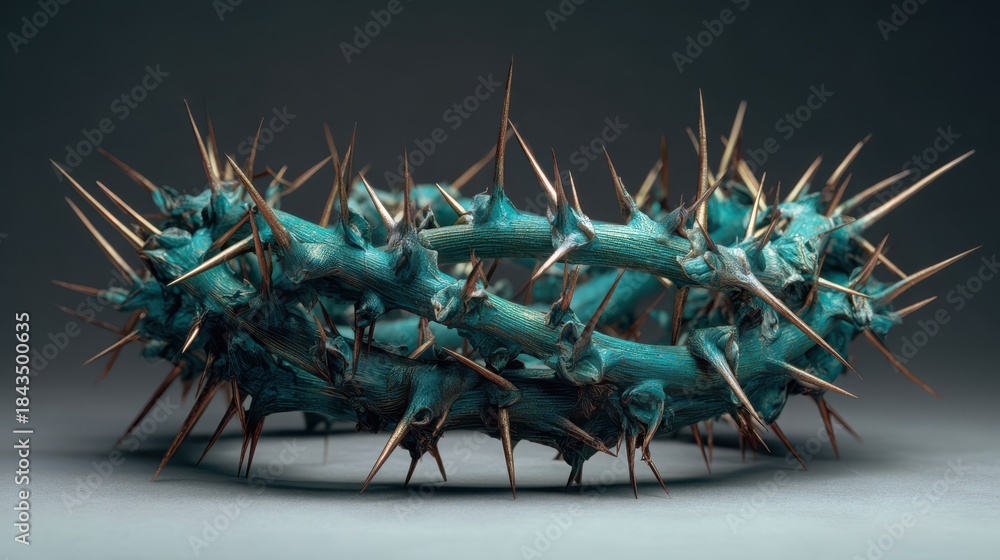 Fototapeta premium Crown made of thorns in turquoise color placed on a gray surface with light focusing on the sharp points and detailed textures of the thorns