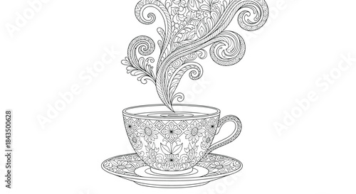 Elaborate black and white line art illustration of a patterned teacup with decorative swirling steam, ideal for coloring books.